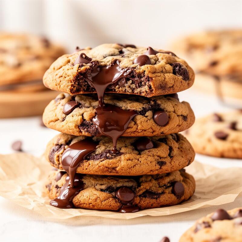 Stack of thick gooey chocolate chip cookies