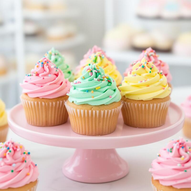 Colorful cupcakes with swirled buttercream frosting