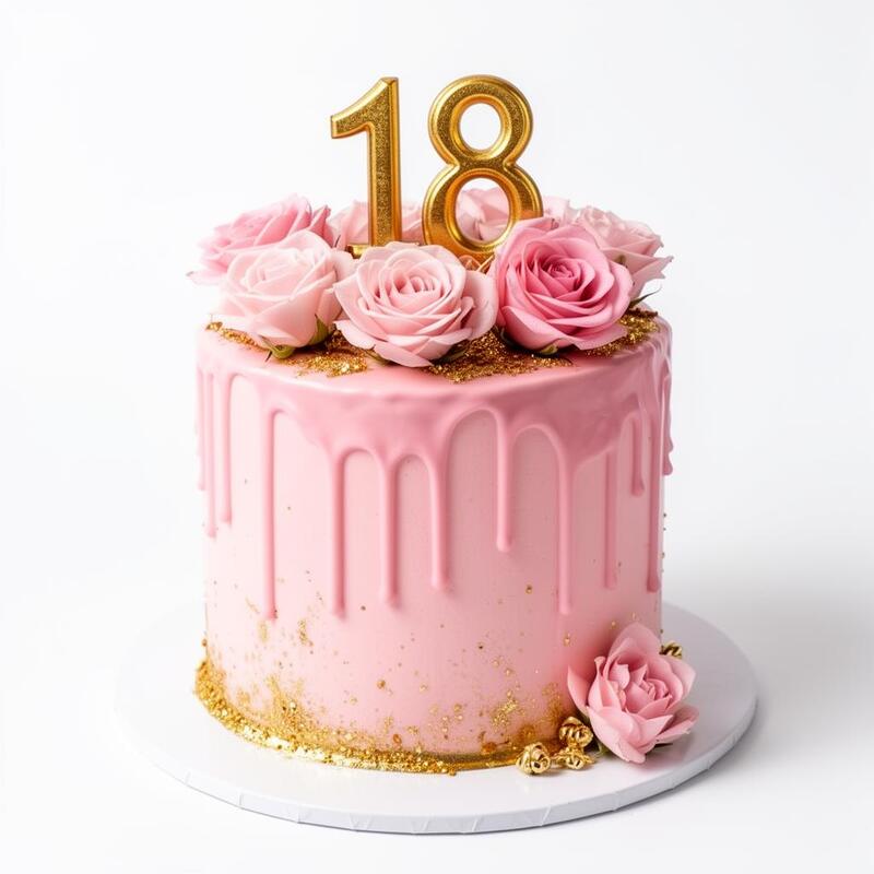 Elegant pink 18th birthday cake with gold decorations