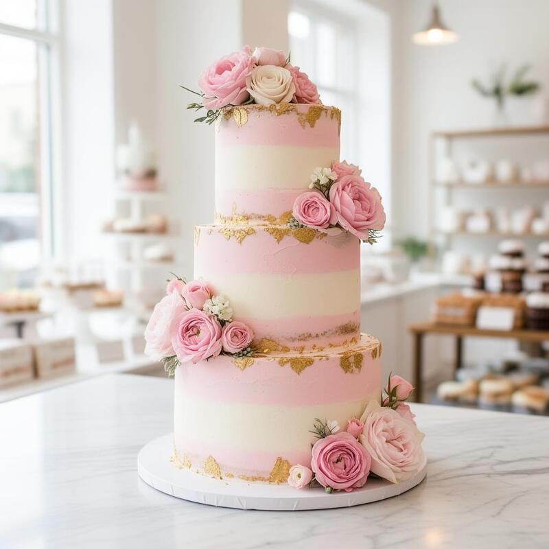 Beautiful three-tier custom celebration cake with pink frosting and gold accents